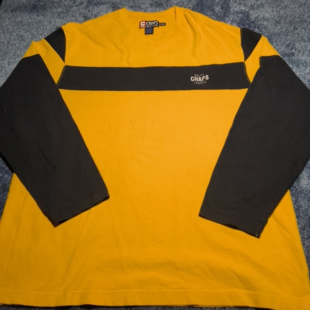 Vtg 90s CHAPS Ralph Lauren Mens XL Yellow Blue Long Sleeve T Shirt Baggy Skater